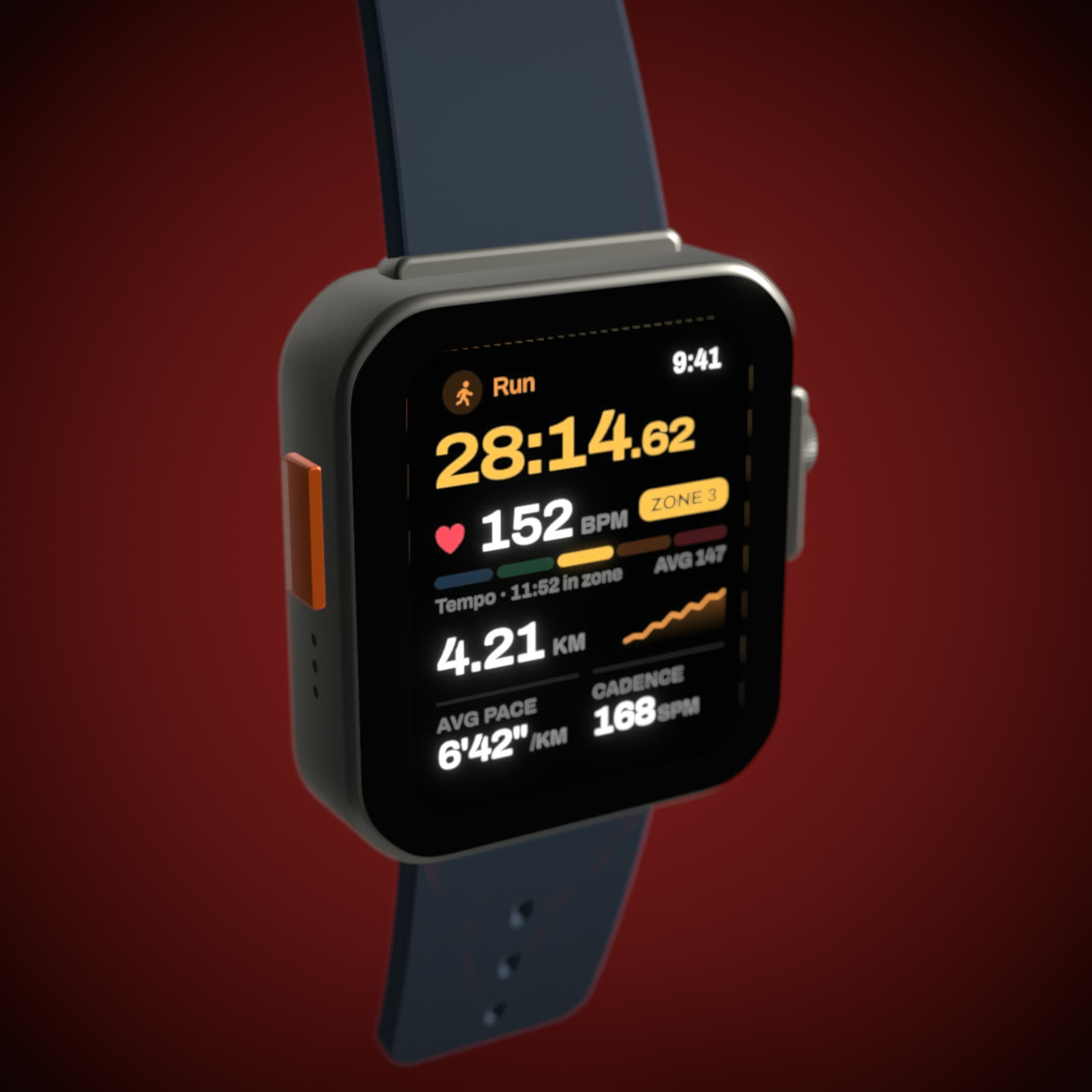 A 3D Apple Watch with a crimson glow