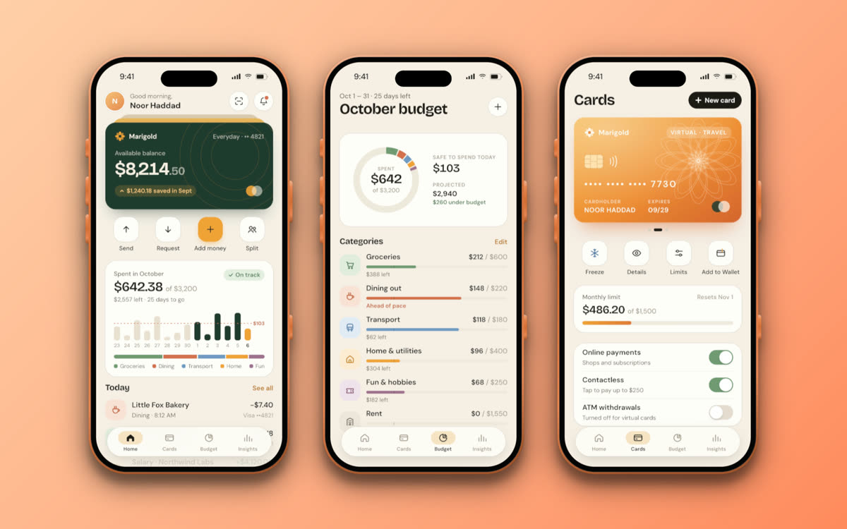 Three iPhones side by side showing different screens